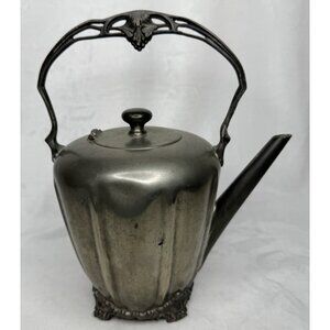 Antique Queen City Silver Co Pewter Teapot With Ornate Handle & Spout